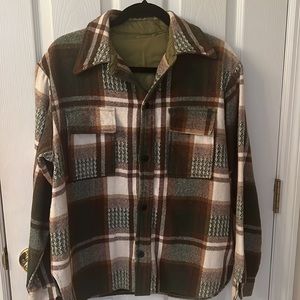 Green Brown White Plaid Heavy Flannel Button Up Fall Winter Shirt Blouse Top